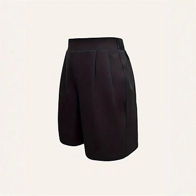 Lady's summer high waisted pleated A line short pants, casual solid colored wide leg style