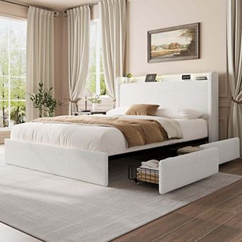Platform Bed Frame, Lighted Upholstered Bed Frame with 4 Storage Drawers and Headboard