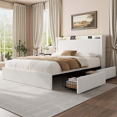 Platform Bed Frame, Lighted Upholstered Bed Frame with 4 Storage Drawers and Headboard