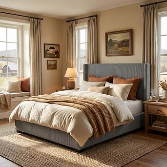 Corduroy Wingback Upholstered Platform Bed Frame with Storage Drawers, Wood Slat Support
