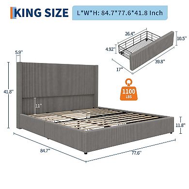 Corduroy Wingback Upholstered Platform Bed Frame with Storage Drawers, Wood Slat Support