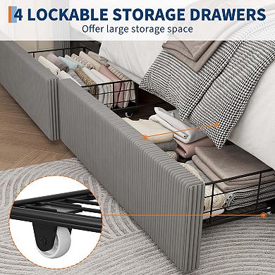 Corduroy Wingback Upholstered Platform Bed Frame with Storage Drawers, Wood Slat Support