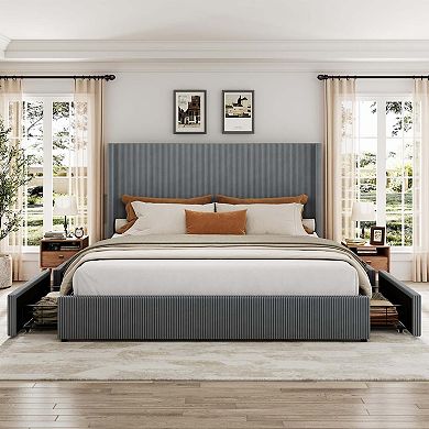 Corduroy Wingback Upholstered Platform Bed Frame with Storage Drawers, Wood Slat Support