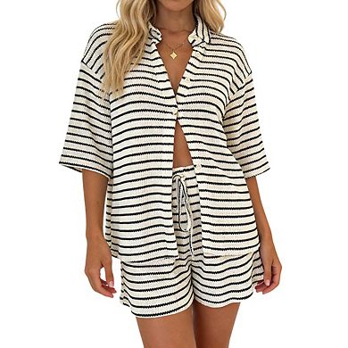 Women's Striped Two Piece Set Textured Knit Button Down Shirt and Elastic Waist Shorts