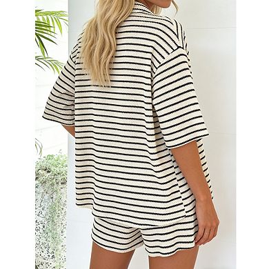 Women's Striped Two Piece Set Textured Knit Button Down Shirt and Elastic Waist Shorts