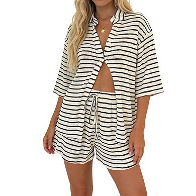 Women's Striped Two Piece Set Textured Knit Button Down Shirt and Elastic Waist Shorts