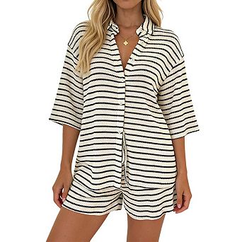 Women's Striped Two Piece Set Textured Knit Button Down Shirt and Elastic Waist Shorts