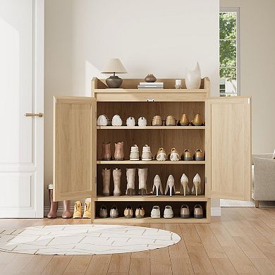 Rattan Shoe Cabinet with 2 Doors and Adjustable Shelves 5-Tier Wooden Shoe Storage Organizer