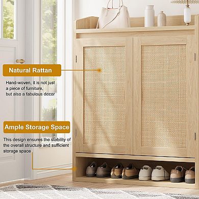 Rattan Shoe Cabinet with 2 Doors and Adjustable Shelves 5-Tier Wooden Shoe Storage Organizer