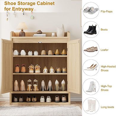 Rattan Shoe Cabinet with 2 Doors and Adjustable Shelves 5-Tier Wooden Shoe Storage Organizer