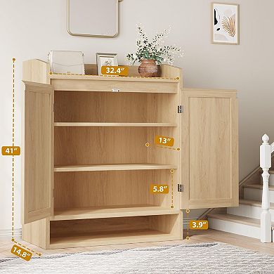 Rattan Shoe Cabinet with 2 Doors and Adjustable Shelves 5-Tier Wooden Shoe Storage Organizer