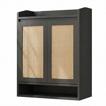 Rattan Shoe Cabinet with 2 Doors and Adjustable Shelves 5 tier Wooden Shoe Storage Organizer