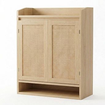 Rattan Shoe Cabinet with 2 Doors and Adjustable Shelves 5 tier Wooden Shoe Storage Organizer