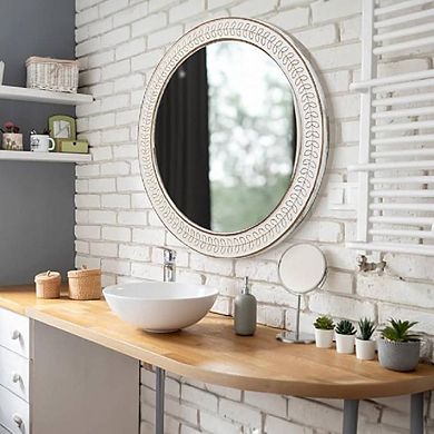 Wood Circle Mirror With Carved Frame