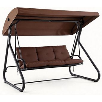 3 Seat Outdoor Convertible Swing Glider with Adjustable Canopy, 1 Bench to Flat Bed, Removable