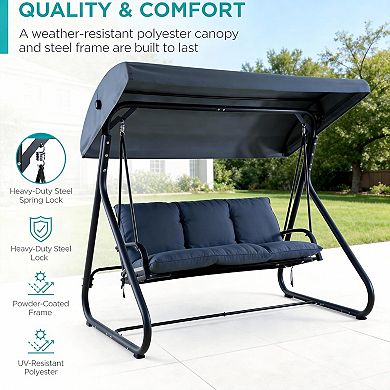 3 Seat Outdoor Convertible Swing Glider with Adjustable Canopy, 1 Bench to Flat Bed, Removable