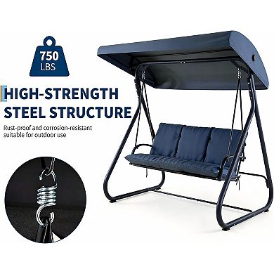 3 Seat Outdoor Convertible Swing Glider with Adjustable Canopy, 1 Bench to Flat Bed, Removable