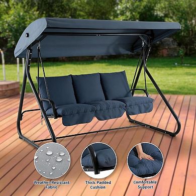 3 Seat Outdoor Convertible Swing Glider with Adjustable Canopy, 1 Bench to Flat Bed, Removable