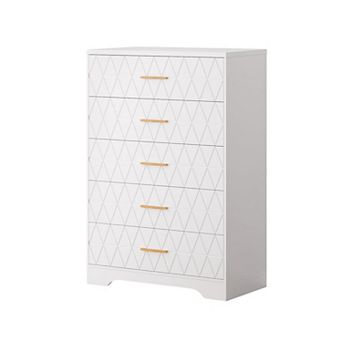 5 Drawer Dresser for Bedroom, Wood Chest of Drawers with Gold Handles, Modern Nightstand