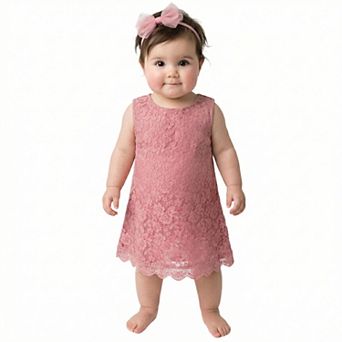 2Bunnies Baby Girls' Boho Rustic Vintage Lace Scalloped Hem Sleeveless Shift Dress