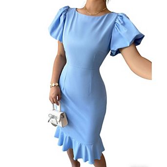 Women's Puff Sleeve Mermaid Hem Bodycon Midi Dress - Round Neck Formal Evening Party Gown