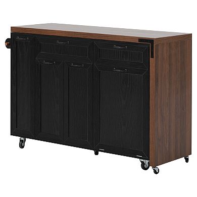 Rolling Kitchen Island: Extendable Dining Table, Trash Cabinet & Pull-Out Spice Rack