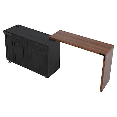 Rolling Kitchen Island: Extendable Dining Table, Trash Cabinet & Pull-Out Spice Rack