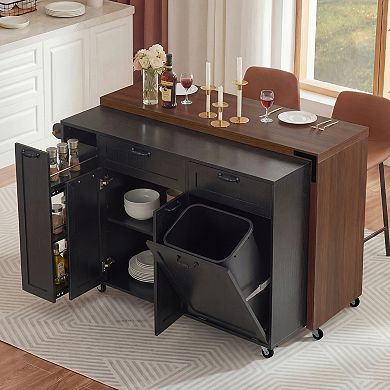 Rolling Kitchen Island: Extendable Dining Table, Trash Cabinet & Pull-Out Spice Rack