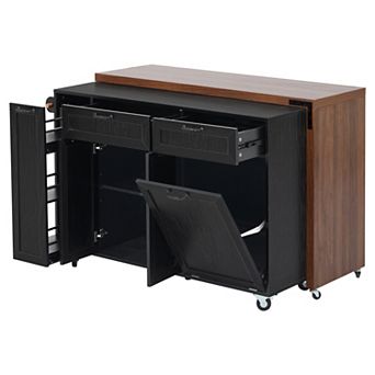 Rolling Kitchen Island: Extendable Dining Table, Trash Cabinet & Pull-Out Spice Rack