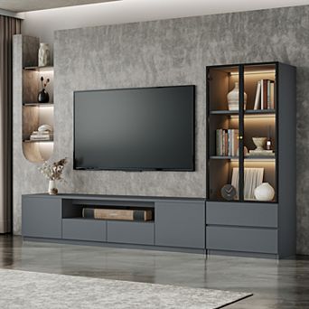 Grey Entertainment Center TV Stand for Tvs up to 75'', Wood Media Console Glass Display Case