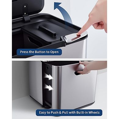 16 Gal Dual Trash Can,2 Compartment (33l + 28l) Garbage Can with Compost Bin, Stainless Steel Trash