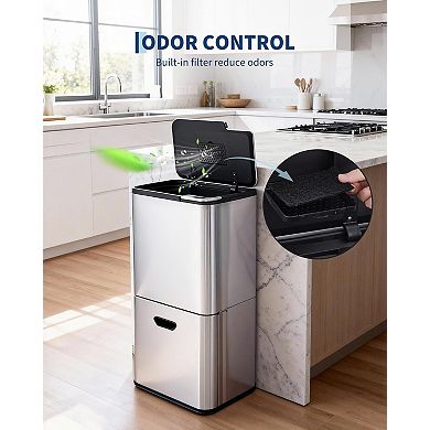 16 Gal Dual Trash Can,2 Compartment (33l + 28l) Garbage Can with Compost Bin, Stainless Steel Trash