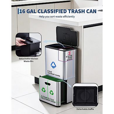 16 Gal Dual Trash Can,2 Compartment (33l + 28l) Garbage Can with Compost Bin, Stainless Steel Trash