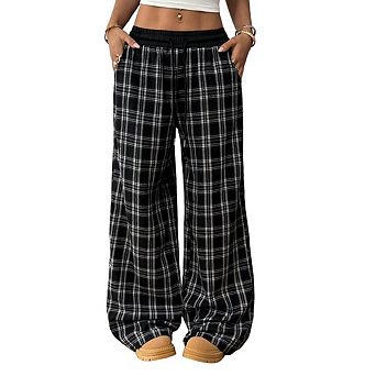 Women's Casual Pants Loose Fit Straight Leg Plaid High Waist Long Pants Trousers with Pockets