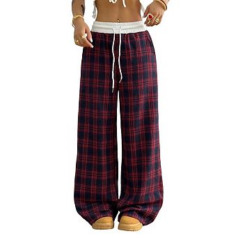 Women's Casual Pants Loose Fit Straight Leg Plaid High Waist Long Pants Trousers with Pockets