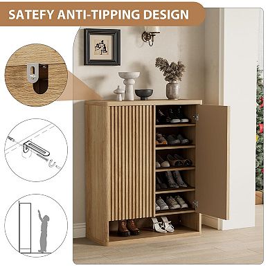 Fluted Door Shoe Cabinet Wooden Storage Organizer with Adjustable Shelves