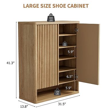Fluted Door Shoe Cabinet Wooden Storage Organizer with Adjustable Shelves