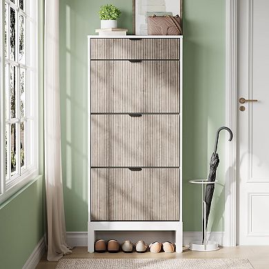 Fluted Shoe Cabinet with 3 Flip Doors and Drawer Slim Hidden Shoe Storage with Iron Legs