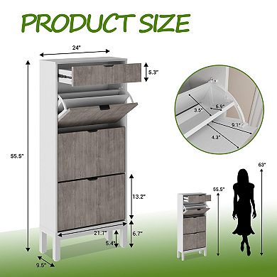 Fluted Shoe Cabinet with 3 Flip Doors and Drawer Slim Hidden Shoe Storage with Iron Legs