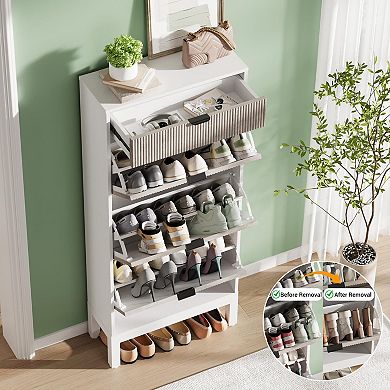 Fluted Shoe Cabinet with 3 Flip Doors and Drawer Slim Hidden Shoe Storage with Iron Legs