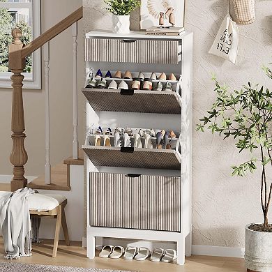 Fluted Shoe Cabinet with 3 Flip Doors and Drawer Slim Hidden Shoe Storage with Iron Legs