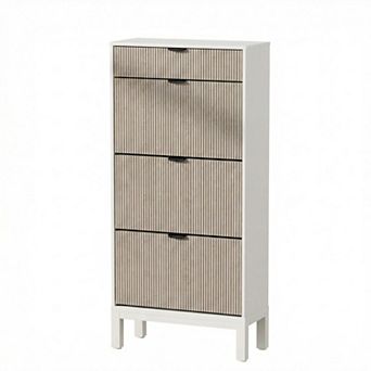 Fluted Shoe Cabinet with 3 Flip Doors and Drawer Slim Hidden Shoe Storage with Iron Legs
