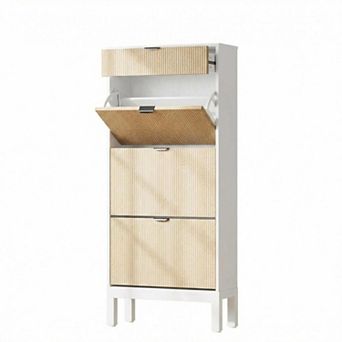 Fluted Shoe Cabinet with 3 Flip Doors and Drawer Slim Hidden Shoe Storage with Iron Legs
