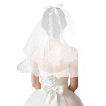 Double Layer Rolled Edge Bow Hair Clip Wedding Veil White 1 pc