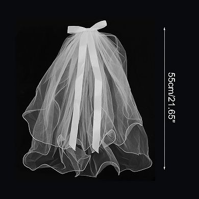 Double Layer Rolled Edge Bow Hair Clip Wedding Veil White 1 Pc