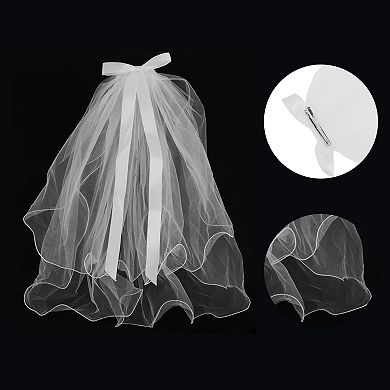 Double Layer Rolled Edge Bow Hair Clip Wedding Veil White 1 Pc