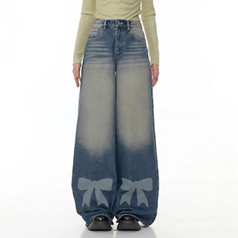 Women's Wide Leg Jeans Loose Casual Retro Pants with Bow Printing
