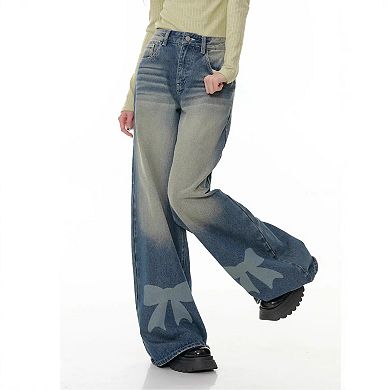 Women's Wide Leg Jeans Loose Casual Retro Pants with Bow Printing