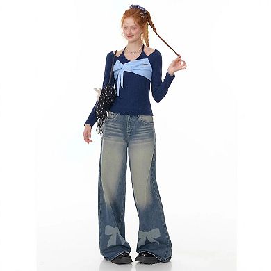Women's Wide Leg Jeans Loose Casual Retro Pants with Bow Printing