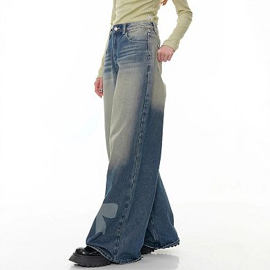 Women's Wide Leg Jeans Loose Casual Retro Pants with Bow Printing